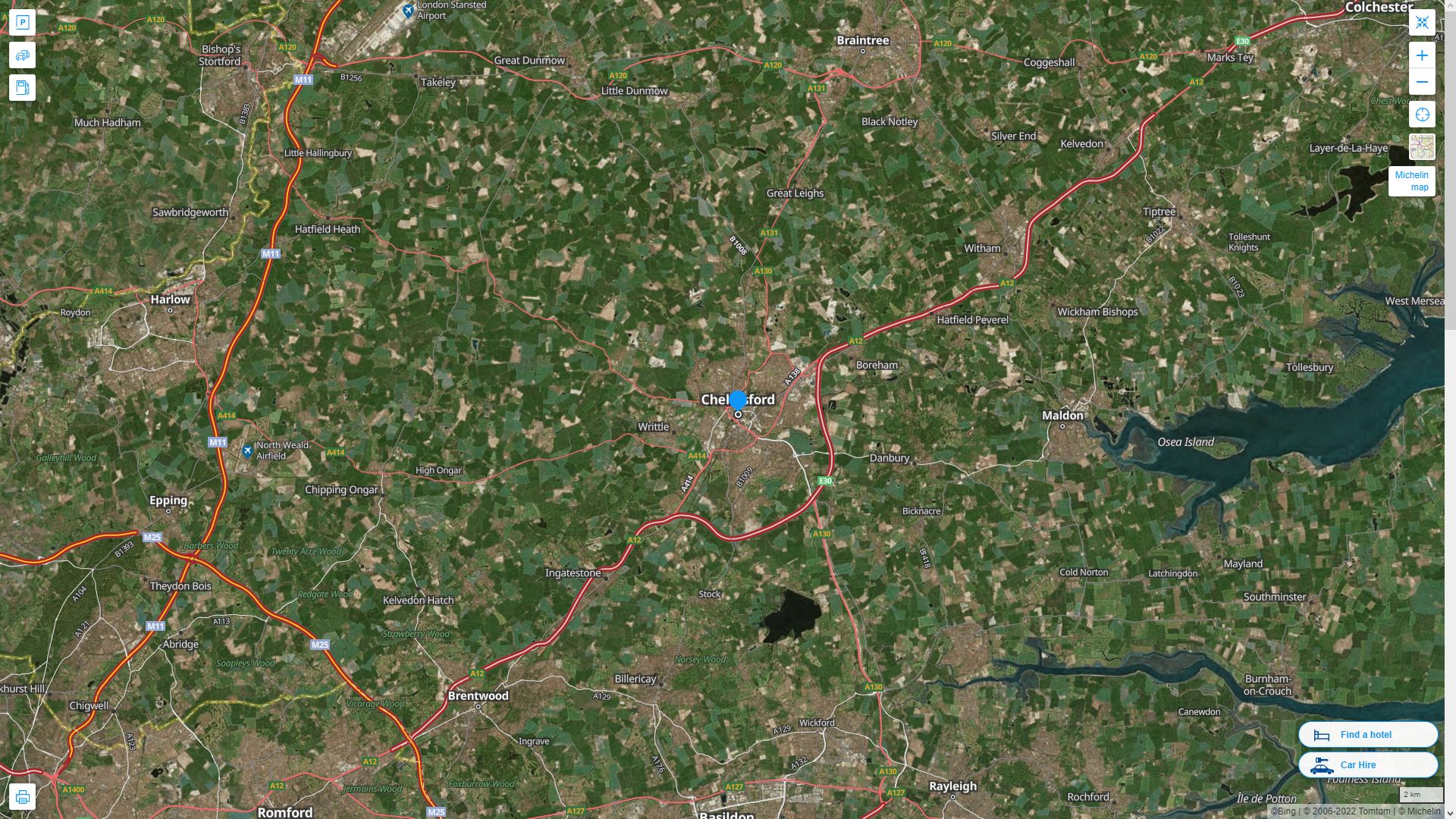 Chelmsford Royaume Uni Autoroute et carte routiere avec vue satellite